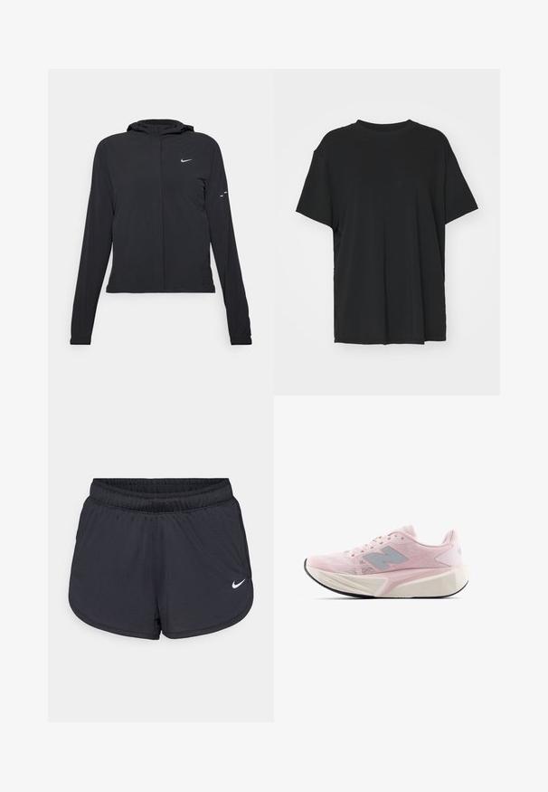 Must musta kapuutsiga jakk, millel on pikad varrukad ja mis on valmistatud kergetest materjalidest. Omab esitaskut, Nike logo ja kergelt silmatorkavaid disainiaktsente.; Must have lühikeste varrukatega must t-särk, mis on valmistatud siledast kangast, ümmarguse kaelusega ja laia lõikega. Omab külgslitsid, mis pakuvad lisamugavust ja hingavust.; Mustad sportlikud lühikesed püksid elastse vöökohaga, millel on spordilik disain ja valge Nike logo alumisel esiküljel. Kootud kangas.; Heledad roosa jooksutossud tekstureeritud võrkmaterjalist pealsega, hallid aksessuaarid, paks valge vahevöö ja paindlik must alltalda. Omab pehmendatud krae ja keelt.
