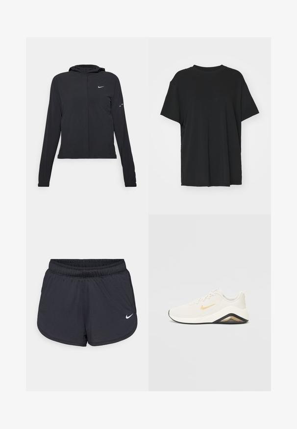Casaco preto com capuz e mangas longas, feito de material leve. Apresenta um fecho dourado na frente, um logótipo da Nike e detalhes de design subtis.; T-shirt preto de manga curta feito de tecido suave, com decote redondo e corte solto. Apresenta aberturas laterais para maior conforto e respirabilidade.; Calções atléticos pretos com cintura elástica, apresentando um design desportivo e um logótipo Nike branco na parte inferior da frente. Tecido texturizado.; Sneakers Nike com um design branco e dourado, apresentando um cabedal texturizado, um calcanhar acolchoado, sola preta e um logótipo proeminente.