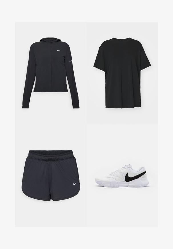 Czarna kurtka z kapturem, z długimi rękawami, wykonana z lekkiego materiału. Posiada zamek błyskawiczny z przodu, logo Nike oraz subtelne akcenty wzornicze.; Czarna krótko rękawowa koszulka wykonana z gładkiego materiału, z okrągłym dekoltem i luźnym krojem. Posiada boczne rozcięcia, które zapewniają dodatkowy komfort i przewiewność.; Czarne sportowe spodenki z elastycznym pasem, z sportowym wzorem i białym logo Nike na dolnej części przedniej strony. Tkanina o fakturze.; Białe sportowe buty z teksturowaną skórzaną cholewką, czarnym logo swoosh i wyściełanym kołnierzem. Posiadają gumową podeszwę dla lepszej przyczepności.
