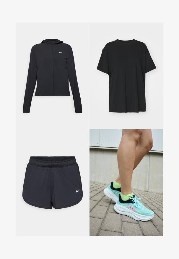 Casaco preto com capuz e mangas longas, feito de material leve. Apresenta um fecho dourado na frente, um logótipo da Nike e detalhes de design subtis.; T-shirt preto de manga curta feito de tecido suave, com decote redondo e corte solto. Apresenta aberturas laterais para maior conforto e respirabilidade.; Calções atléticos pretos com cintura elástica, apresentando um design desportivo e um logótipo Nike branco na parte inferior da frente. Tecido texturizado.; Ténis HOKA em azul claro com detalhes em azul escuro e logótipo rosa; parte superior em malha e sola branca espessa; combinados com meias verdes brilhantes.