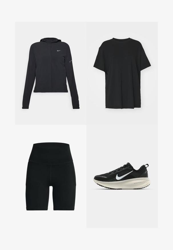 Giacca nera con cappuccio e maniche lunghe, realizzata in materiale leggero. Presenta una zip frontale, il logo Nike e accenti di design sottili.; T-shirt nera a maniche corte realizzata in un tessuto morbido, con collo rotondo e vestibilità ampia. Presenta delle fessure laterali per un comfort e una traspirabilità aggiuntivi.; Shorts da bicicletta neri a vita alta realizzati in materiale elasticizzato. Presentano una superficie liscia e cuciture rinforzate lungo le giunzioni.; Scarpa da corsa nera Nike con tomaia in rete traspirante, logo Swoosh bianco, dettagli testurizzati e intersuola ZoomX di colore crema.