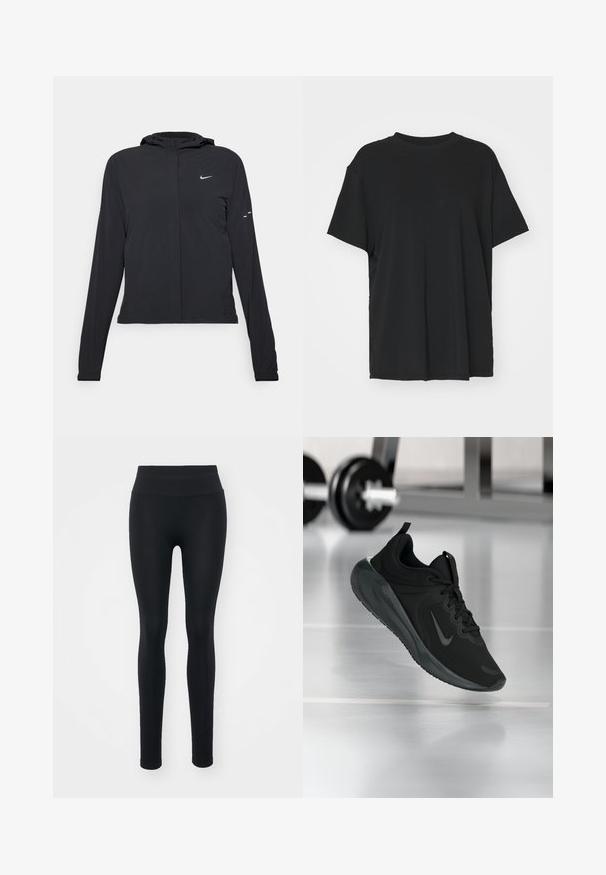 Fekete kapucnis dzseki hosszú ujjakkal, könnyű anyagból készült. Elülső cipzárral, Nike logóval és diszkrét dizájn elemekkel rendelkezik.; Fekete, rövid ujjú póló sima anyagból, kerek nyakkivágással és laza szabással. Oldalhasítékokkal a kényelem és a légáteresztés érdekében.; Fekete leggings, rugalmas anyagból készült, magas derékkal, sima textúrával és testhezálló kialakítással. Nincsenek minták vagy díszítések.; Fekete sportcipő Nike logóval, amely a levegőben látható az edzőterem padlóján, a háttérben elmosódott kézi súlyzó állvánnyal.
