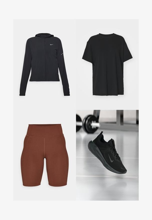 Fekete kapucnis dzseki hosszú ujjakkal, könnyű anyagból készült. Elülső cipzárral, Nike logóval és diszkrét dizájn elemekkel rendelkezik.; Fekete, rövid ujjú póló sima anyagból, kerek nyakkivágással és laza szabással. Oldalhasítékokkal a kényelem és a légáteresztés érdekében.; Barna sportnadrág magas derékkal, sima, rugalmas anyagból készült. Oldalt varrási díszítéssel rendelkezik.; Fekete sportcipő Nike logóval, amely a levegőben látható az edzőterem padlóján, a háttérben elmosódott kézi súlyzó állvánnyal.