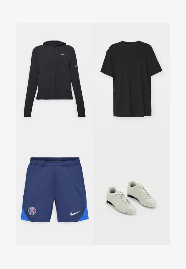 Must musta kapuutsiga jakk, millel on pikad varrukad ja mis on valmistatud kergetest materjalidest. Omab esitaskut, Nike logo ja kergelt silmatorkavaid disainiaktsente.; Must have lühikeste varrukatega must t-särk, mis on valmistatud siledast kangast, ümmarguse kaelusega ja laia lõikega. Omab külgslitsid, mis pakuvad lisamugavust ja hingavust.; Tumed sinised sportlikud lühikesed püksid, millel on elastne vöökoht, sinine külgpaneel, valge Nike logo ning ümmargune PSG logo vasakul reiel.; Valged Nike jooksujalatsid tekstuurse ülemise osaga, koos siledast materjalist varbakatte ja mustade pehmendustega. Kinnitatavad nööbid, tugevdatud konts.