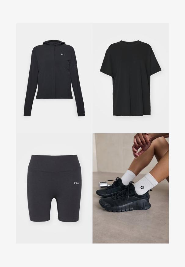 Czarna kurtka z kapturem, z długimi rękawami, wykonana z lekkiego materiału. Posiada zamek błyskawiczny z przodu, logo Nike oraz subtelne akcenty wzornicze.; Czarna krótko rękawowa koszulka wykonana z gładkiego materiału, z okrągłym dekoltem i luźnym krojem. Posiada boczne rozcięcia, które zapewniają dodatkowy komfort i przewiewność.; ICANIWILL - Rajstopy; Czarne buty sportowe z teksturowanej tkaniny, z warkoczowym wzorem i wyraźną podeszwą, w zestawie z białymi skarpetami prążkowanymi z małym logo.