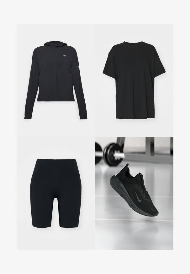 Giacca nera con cappuccio e maniche lunghe, realizzata in materiale leggero. Presenta una zip frontale, il logo Nike e accenti di design sottili.; T-shirt nera a maniche corte realizzata in un tessuto morbido, con collo rotondo e vestibilità ampia. Presenta delle fessure laterali per un comfort e una traspirabilità aggiuntivi.; Shorts da ciclismo neri a vita alta realizzati in un tessuto elastico con una superficie liscia, dotati di tasche laterali e di un design aderente.; Sneaker sportivo nero con logo Nike, mostrato in volo su un pavimento da palestra, con un supporto per pesi sfocato sullo sfondo.