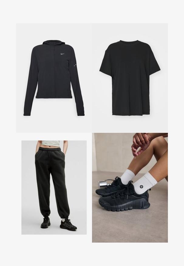 Svart huva jacka med långa ärmar, gjord av lätt material. Har en framdragare, en Nike-logotyp och subtila designelement.; Svart kortärmad t-shirt i slätt tyg, med rund hals och lös passform. Har sidslitsar för ökad komfort och andningsförmåga.; Svarta träningsbyxor med dragsko i midjan, sidofickor och elastiska mudd. Mjukt tyg med en avslappnad passform, sammanfogat med texturerade svarta sneakers.; Svarta sportskor med texturerat tyg, snörning och en framträdande sula, tillsammans med vita ribbade strumpor med en liten logotyp.