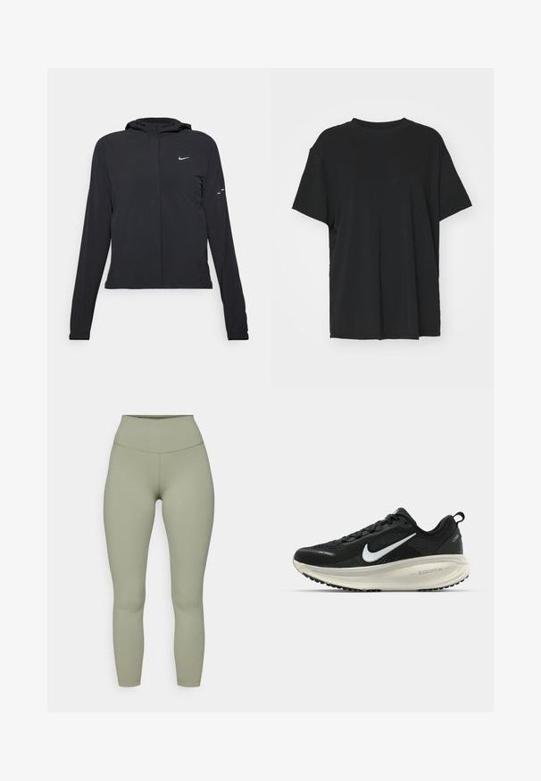 Fekete kapucnis dzseki hosszú ujjakkal, könnyű anyagból készült. Elülső cipzárral, Nike logóval és diszkrét dizájn elemekkel rendelkezik.; Fekete, rövid ujjú póló sima anyagból, kerek nyakkivágással és laza szabással. Oldalhasítékokkal a kényelem és a légáteresztés érdekében.; Magas derekú, testhez simuló leggings puha olíva zöld anyagból. Simaszövet, megerősített varratokkal és látható minták vagy díszítések nélkül.; Fekete Nike futócipő légáteresztő hálós felsőrésszel, fehér Swoosh logóval, textúrázott részletekkel és krém színű ZoomX középtalppal.