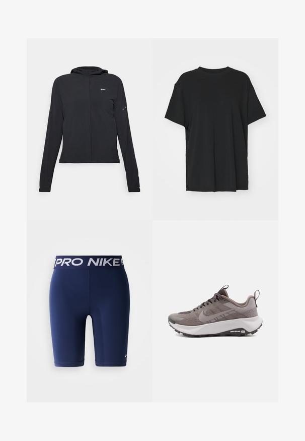 Crna jakna s kapuljačom i dugim rukavima, izrađena od laganog materijala. Ima prednji patentni zatvarač, Nike logo i suptilne dizajnerske detalje.; Crna majica kratkih rukava napravljena od glatkog materijala, s okruglim izrezom i slobodnim krojem. Ima bočne proreze za dodatnu udobnost i prozračnost.; Tamno plave Nike Pro kompresijske kratke hlače s elastičnom strukom, koje imaju bijelu Nike Pro oznaku i mali bijeli Nike swoosh na nozi.; Sive Nike tenisice za trail trčanje s teksturiranim gornjim dijelom, ojačanim prstom, podstavljenim međuđonom i crnim gumiranim potplatom. Uključene vezice i petlja za nošenje.