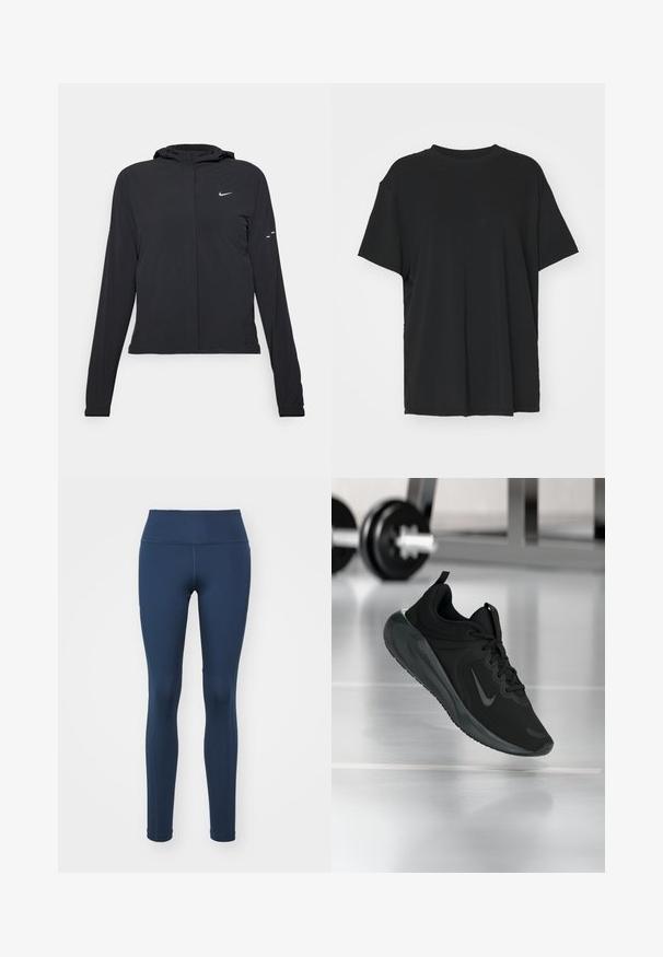 Fekete kapucnis dzseki hosszú ujjakkal, könnyű anyagból készült. Elülső cipzárral, Nike logóval és diszkrét dizájn elemekkel rendelkezik.; Fekete, rövid ujjú póló sima anyagból, kerek nyakkivágással és laza szabással. Oldalhasítékokkal a kényelem és a légáteresztés érdekében.; Tengerészkék leggings rugalmas anyagból. Magas derékrésszel és testhezálló kialakítással rendelkezik, lapos varrásokkal a kényelem érdekében.; Fekete sportcipő Nike logóval, amely a levegőben látható az edzőterem padlóján, a háttérben elmosódott kézi súlyzó állvánnyal.