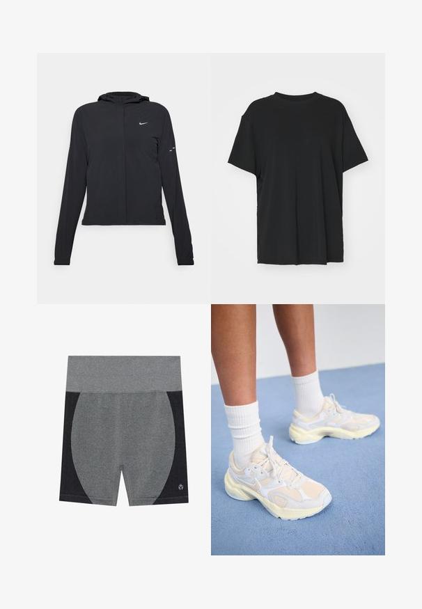 Schwarze Kapuzenjacke mit langen Ärmeln, aus leichtem Material gefertigt. Sie hat einen vorderen Reißverschluss, ein Nike-Logo und dezente Designelemente.; Schwarzes T-Shirt mit kurzen Ärmeln aus glattem Stoff, mit Rundhalsausschnitt und lockerer Passform. Verfügt über seitliche Schlitze für zusätzlichen Komfort und Atmungsaktivität.; Graue Sportshorts mit einem breiten elastischen Bund. Mit einem strukturierten schwarzen Seitenpanel und einem Logo unten rechts. Glattes Material.; Elegante Sportschuhe in blassgelb und weiß, gefertigt aus Mesh- und Synthetikmaterialien, mit runder Form und strukturierten Sohlen.