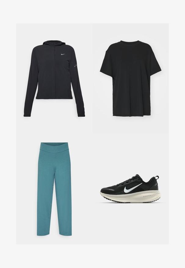 Casaco preto com capuz e mangas longas, feito de material leve. Apresenta um fecho dourado na frente, um logótipo da Nike e detalhes de design subtis.; T-shirt preto de manga curta feito de tecido suave, com decote redondo e corte solto. Apresenta aberturas laterais para maior conforto e respirabilidade.; Calças cortadas em azul-petróleo feitas de um material macio e elástico, com uma cintura larga e lisa e pernas de corte reto. Sem padrões ou detalhes visíveis.; Sapatilha de corrida Nike preta com parte superior de malha respirável, logotipo Swoosh branco, detalhes texturizados e uma entressola ZoomX na cor creme.