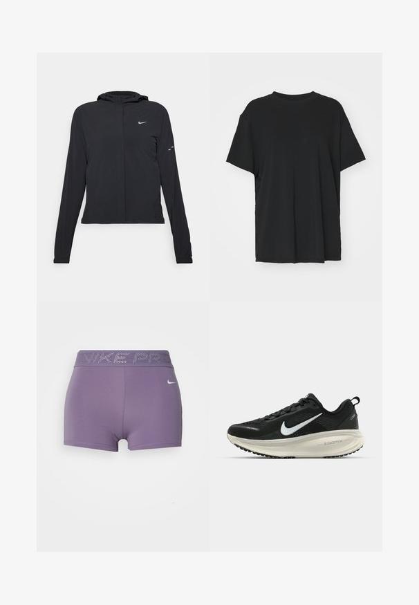 Fekete kapucnis dzseki hosszú ujjakkal, könnyű anyagból készült. Elülső cipzárral, Nike logóval és diszkrét dizájn elemekkel rendelkezik.; Fekete, rövid ujjú póló sima anyagból, kerek nyakkivágással és laza szabással. Oldalhasítékokkal a kényelem és a légáteresztés érdekében.; Lila sportnadrág, which is tightly fitted, széles, rugalmas derékpánttal, rajta "NIKE PRO" márkázással és sima, elasztikus anyaggal.; Fekete Nike futócipő légáteresztő hálós felsőrésszel, fehér Swoosh logóval, textúrázott részletekkel és krém színű ZoomX középtalppal.