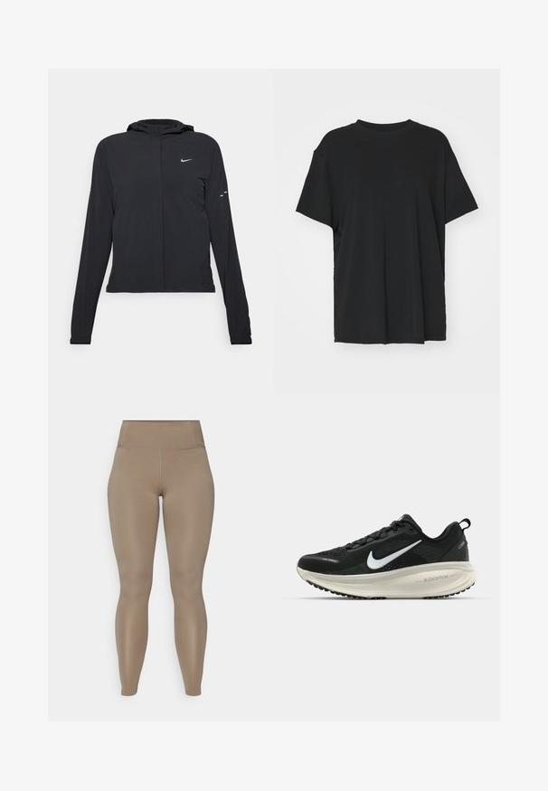Crna jakna s kapuljačom i dugim rukavima, izrađena od laganog materijala. Ima prednji patentni zatvarač, Nike logo i suptilne dizajnerske detalje.; Crna majica kratkih rukava napravljena od glatkog materijala, s okruglim izrezom i slobodnim krojem. Ima bočne proreze za dodatnu udobnost i prozračnost.; Visoke tajice u jednobojnoj bež boji. Napravljene od glatkog, rastezljivog materijala bez vidljivih uzoraka ili dodataka.; Crne Nike trkačke tenisice s prozračnom mrežastom gornjom konstrukcijom, bijelim swoosh logotipom, teksturiranim detaljima i kremastom ZoomX srednjom potplatnom jedinicom.