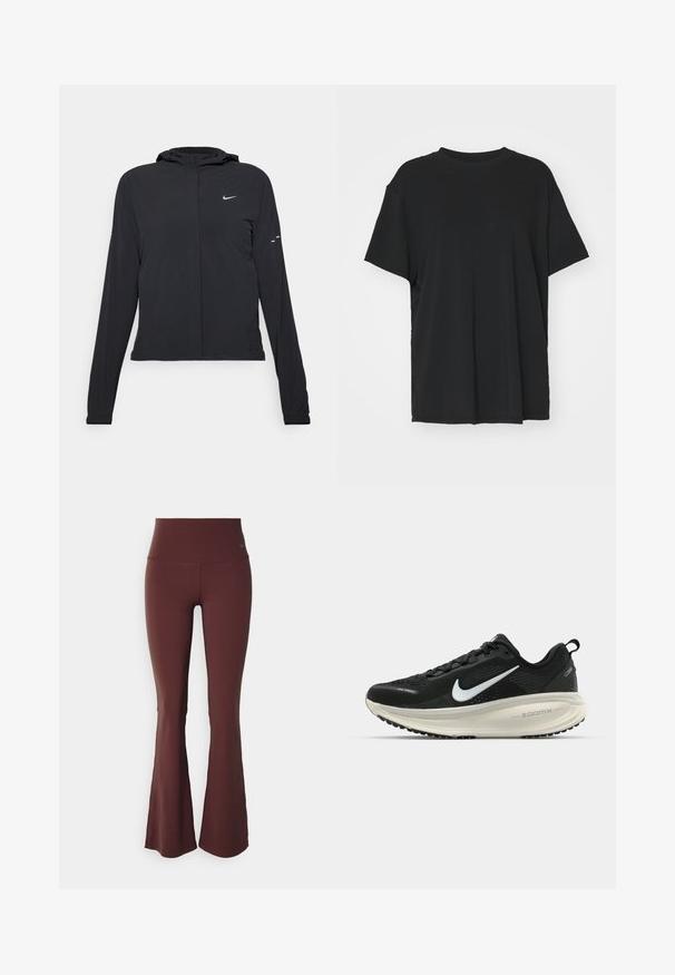 Veste à capuche noire avec des manches longues, fabriquée en matériau léger. Elle comporte une fermeture éclair à l'avant, un logo Nike et des accents de design subtils.; T-shirt noir à manches courtes en tissu lisse, avec un col ras du cou et une coupe décontractée. Présente des fentes sur les côtés pour plus de confort et de respirabilité.; Leggings bordeaux évasées avec une taille haute et un tissu lisse et extensible. Présente un petit logo bleu sur le côté supérieur gauche.; Baskets de course noir Nike avec tige respirante en mesh, logo swoosh blanc, détails texturés et semelle intermédiaire ZoomX de couleur crème.