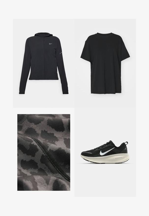 Giacca nera con cappuccio e maniche lunghe, realizzata in materiale leggero. Presenta una zip frontale, il logo Nike e accenti di design sottili.; T-shirt nera a maniche corte realizzata in un tessuto morbido, con collo rotondo e vestibilità ampia. Presenta delle fessure laterali per un comfort e una traspirabilità aggiuntivi.; Tessuto atletico nero con un delicato motivo a stampa leopardata. Texture liscia con dettagli di cuciture visibili lungo i bordi.; Scarpa da corsa nera Nike con tomaia in rete traspirante, logo Swoosh bianco, dettagli testurizzati e intersuola ZoomX di colore crema.