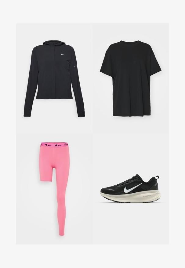 Czarna kurtka z kapturem, z długimi rękawami, wykonana z lekkiego materiału. Posiada zamek błyskawiczny z przodu, logo Nike oraz subtelne akcenty wzornicze.; Czarna krótko rękawowa koszulka wykonana z gładkiego materiału, z okrągłym dekoltem i luźnym krojem. Posiada boczne rozcięcia, które zapewniają dodatkowy komfort i przewiewność.; Różowe legginsy sportowe z kontrastującym czarnym pasem w talii z logo. Projekt obejmuje styl o różnej długości: krótka nogawka po jednej stronie, długa po drugiej.; Czarna biegowa półbut z oddychającej siateczki, białym logo swoosh, teksturowanymi detalami oraz kremową podeszwą środkową ZoomX.