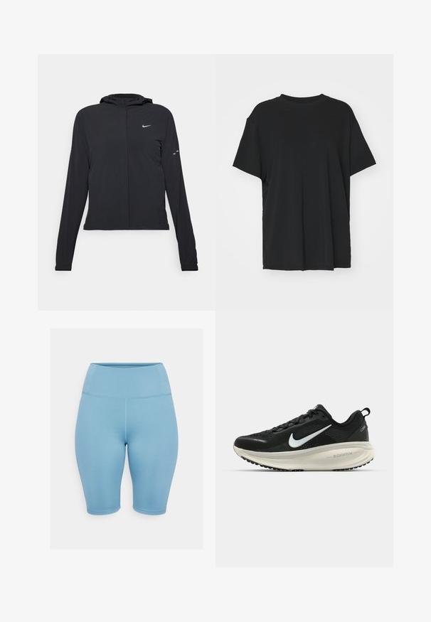 Črna kapuča s dolgimi rokavi, izdelana iz lahkega materiala. Ima sprednji zadrgo, logotip Nike in subtilne oblikovne detajle.; Črna kratka majica s kratkimi rokavi, izdelana iz gladkega materiala, s kroјnim ovratnikom in prostim krojem. Ima stranske razpoke za dodatno udobje in zračnost.; Svijetloplave kratke biciklističke hlače visokog struka izrađene od rastezljivog materijala, s ravnim šavovima i glatkom teksturom, idealne za aktivnu odjeću.; Črne Nike tekaške čevlje z zračno mrežno zgornjim delom, belim logotipom Swoosh, teksturiranimi detajli in smetanasto barvnim srednjim delom ZoomX.