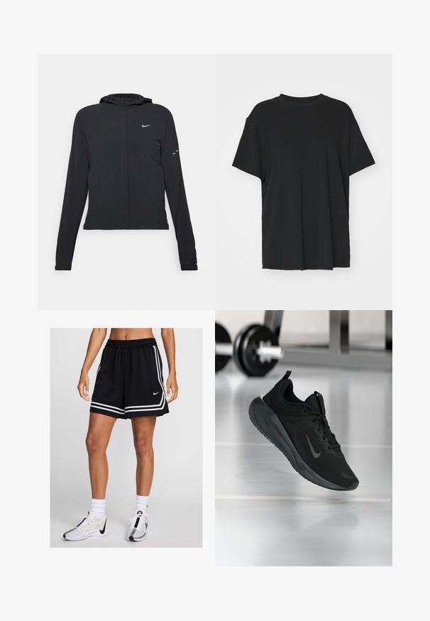 Juodas gobtuvas striukė su ilgomis rankovėmis, pagaminta iš lengvo audinio. Pasižymi priekiniais užtrauktukais, Nike logotipu ir subtiliais dizaino akcentais.; Juodas trumpas rankovėmis marškinėliai, pagaminti iš lygaus audinio, su apvaliu iškirpimu ir laisvu siluetu. Įrengti šoninių skeltukų patogumui ir oro pralaidumui.; Juodi sportiniai šortai su baltais dryžiais, elastinga juostele ir raišteliu. Derinami su baltais ir juodais sportbačiais ir kojinėmis.; Juodas sportinis sportbačiai su Nike logotipu, pavaizduoti ore virš sporto salės grindų, fone išblurinta hantelių laikiklis.