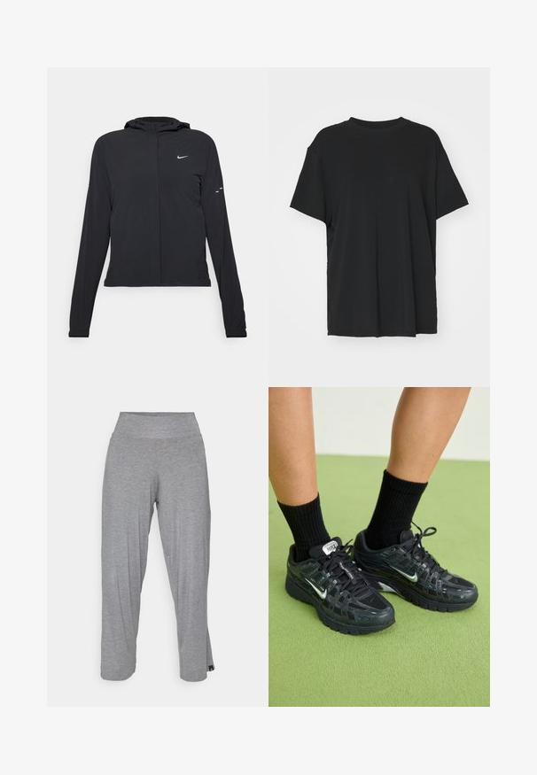 Black hooded jacket with long sleeves, made from lightweight material. Features a front zipper, a Nike logo, and subtle design accents.; Black short-sleeve t-shirt made of smooth fabric, with a crew neck and loose fit. Features side slits for added comfort and breathability.; Yogasearcher RAVANA FLOWY PANTS - Tracksuit bottoms - grey; Black Nike sneakers with mesh and synthetic overlays, featuring reflective accents, a cushioned sole, and black ribbed socks.