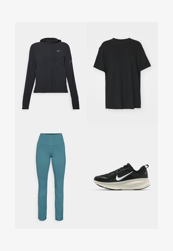 Juodas gobtuvas striukė su ilgomis rankovėmis, pagaminta iš lengvo audinio. Pasižymi priekiniais užtrauktukais, Nike logotipu ir subtiliais dizaino akcentais.; Juodas trumpas rankovėmis marškinėliai, pagaminti iš lygaus audinio, su apvaliu iškirpimu ir laisvu siluetu. Įrengti šoninių skeltukų patogumui ir oro pralaidumui.; Mėlynos spalvos leggingai su aukštu juosmeniu, pagaminti iš elastingos medžiagos. Lygi tekstūra, prigludusi forma ir be matomų raštų ar detalių.; Juodas Nike sportinis batelis su kvėpuojančiu tinklu, baltu swoosh logotipu, tekstūruoto dizaino detalėmis ir grietinėlės spalvos ZoomX viduriu.