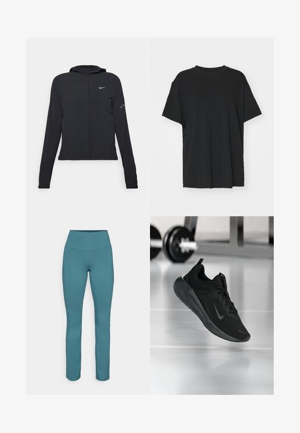 Casaco preto com capuz e mangas longas, feito de material leve. Apresenta um fecho dourado na frente, um logótipo da Nike e detalhes de design subtis.; T-shirt preto de manga curta feito de tecido suave, com decote redondo e corte solto. Apresenta aberturas laterais para maior conforto e respirabilidade.; Leggings em azul petróleo com uma cintura alta, feitas de um tecido elástico. Textura lisa, formato ajustado, e sem padrões ou acessórios visíveis.; Sapatilha desportiva preta com o logotipo da Nike, mostrada em pleno ar sobre o chão do ginásio, com um suporte de halteres desfocado ao fundo.