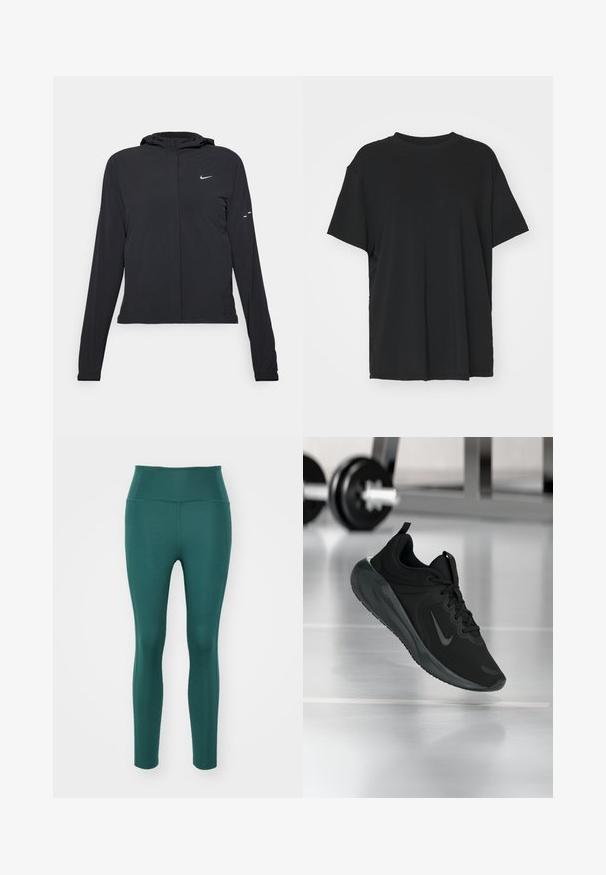 Casaco preto com capuz e mangas longas, feito de material leve. Apresenta um fecho dourado na frente, um logótipo da Nike e detalhes de design subtis.; T-shirt preto de manga curta feito de tecido suave, com decote redondo e corte solto. Apresenta aberturas laterais para maior conforto e respirabilidade.; Leggings de cintura alta em azul profundo, feitos de um tecido liso e elástico. Apresentam um design ajustado sem costuras ou padrões visíveis.; Sapatilha desportiva preta com o logotipo da Nike, mostrada em pleno ar sobre o chão do ginásio, com um suporte de halteres desfocado ao fundo.