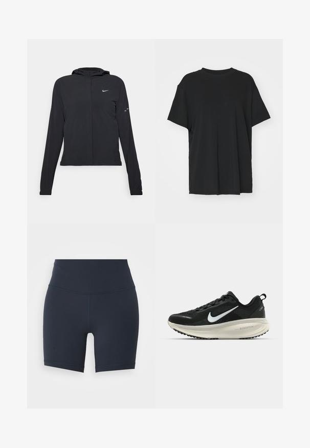 Giacca nera con cappuccio e maniche lunghe, realizzata in materiale leggero. Presenta una zip frontale, il logo Nike e accenti di design sottili.; T-shirt nera a maniche corte realizzata in un tessuto morbido, con collo rotondo e vestibilità ampia. Presenta delle fessure laterali per un comfort e una traspirabilità aggiuntivi.; Pantaloni sportivi a vita alta di colore blu navy, realizzati in materiale elastico, con una texture liscia e cuciture a contrasto lungo le cuciture.; Scarpa da corsa nera Nike con tomaia in rete traspirante, logo Swoosh bianco, dettagli testurizzati e intersuola ZoomX di colore crema.