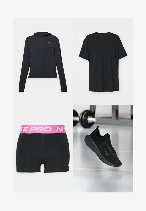 Čierna kapucňová bunda s dlhou rukávou, vyrobená z ľahkého materiálu. Má predný zips, logo Nike a jemné dizajnové akcenty.; Čierne tričko s krátkym rukávom vyrobené z hladkej tkaniny, s okrúhlym výstrihom a voľným strihom. Obsahuje bočné rozparky pre väčšie pohodlie a priedušnosť.; Čierne športové kraťasy s ružovým elastickým pásom označeným "NIKE PRO." Hladký povrch s logom v dolnom ľavom rohu. Štandardný strih.; Čierne športové tenisky s logom Nike, zobrazené vo vzduchu na podlahe telocvične, s rozmazaným regálom činkami v pozadí.