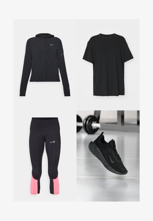 Black hooded jacket with long sleeves, made from lightweight material. Features a front zipper, a Nike logo, and subtle design accents.; Black short-sleeve t-shirt made of smooth fabric, with a crew neck and loose fit. Features side slits for added comfort and breathability.; Endless LIFT - 3/4 sports trousers - black/bright coral; Black sports sneaker with Nike logo, shown mid-air on gym floor, with blurred dumbbell rack in background.