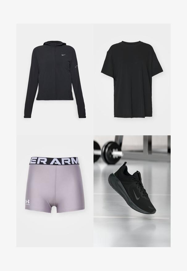 Jachetă neagră cu glugă, cu mâneci lungi, fabricată din material ușor. Dispune de un fermoar frontal, un logo Nike și accente de design subtile.; Tricou negru cu mânecă scurtă, fabricat dintr-un material neted, cu guler rotund și croială lejeră. Dispune de fante laterale pentru un plus de confort și respirație.; Şorturi atletice gri, cu un talie neagră și albă cu inscriptionarea "UNDER ARMOUR". Fabricate dintr-un material neted, au un croi scurt și un logo pe lateral.; Tenisii sport negru cu logo-ul Nike, arătați în aer deasupra podelei de sală de sport, cu un suport pentru haltere neclar în fundal.