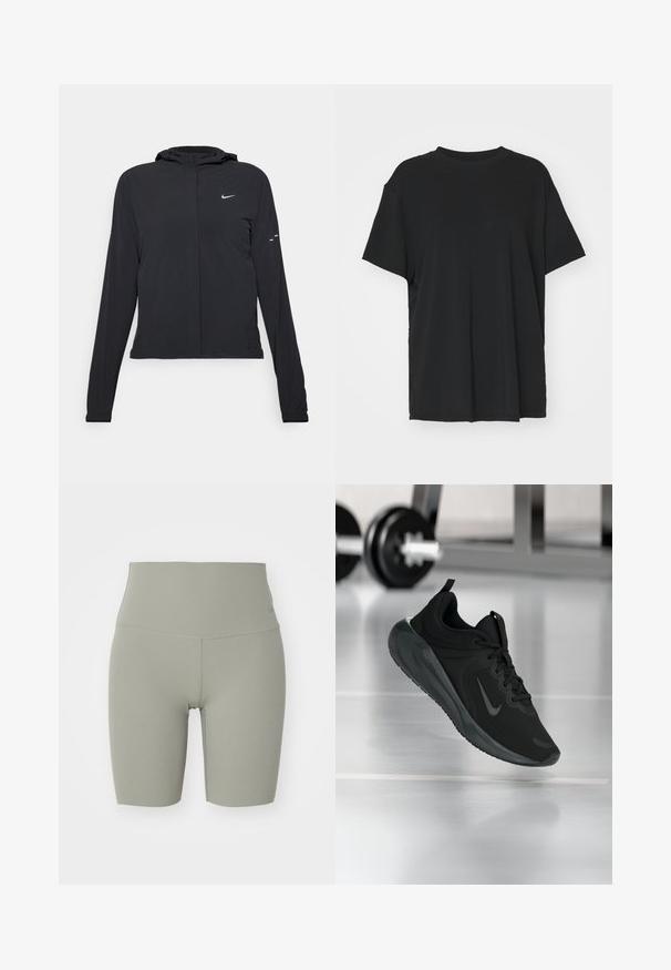 Crna jakna s kapuljačom i dugim rukavima, izrađena od laganog materijala. Ima prednji patentni zatvarač, Nike logo i suptilne dizajnerske detalje.; Crna majica kratkih rukava napravljena od glatkog materijala, s okruglim izrezom i slobodnim krojem. Ima bočne proreze za dodatnu udobnost i prozračnost.; Nike Performance ZENVY 8IN SHORT - Tajice - light army/black; Crna sportska tenisica s Nike logotipom, prikazana u zraku na podu teretane, s mutnom stalcem za bučice u pozadini.