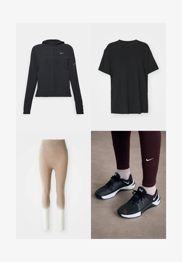 Črna kapuča s dolgimi rokavi, izdelana iz lahkega materiala. Ima sprednji zadrgo, logotip Nike in subtilne oblikovne detajle.; Črna kratka majica s kratkimi rokavi, izdelana iz gladkega materiala, s kroјnim ovratnikom in prostim krojem. Ima stranske razpoke za dodatno udobje in zračnost.; Bež do bele ombre nepregledne legice z visokim pasom, prikazane na enotni beli podlagi.; Črne športne čevlje z teksturirano zgornjimi deli in belimi akcenti, vključno z vezalkami in logotipom na strani. Oblečene z maroon legicami in svetlimi nogavicami.