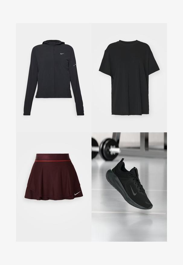 Casaco preto com capuz e mangas longas, feito de material leve. Apresenta um fecho dourado na frente, um logótipo da Nike e detalhes de design subtis.; T-shirt preto de manga curta feito de tecido suave, com decote redondo e corte solto. Apresenta aberturas laterais para maior conforto e respirabilidade.; Saia atlética bordeaux com design evasé, tecido texturizado e cós brilhante com uma faixa em vermelho. Logótipo da Nike exibido na bainha.; Sapatilha desportiva preta com o logotipo da Nike, mostrada em pleno ar sobre o chão do ginásio, com um suporte de halteres desfocado ao fundo.