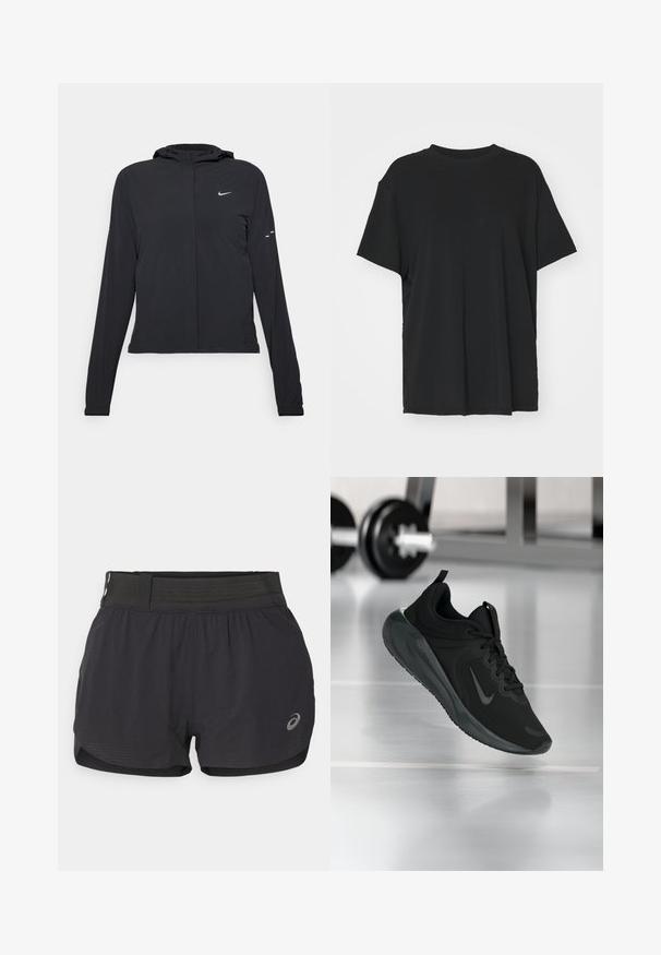 Sort hættetrøje med lange ærmer, lavet af letvægtsmateriale. Har en frontlynlås, et Nike-logo og subtile designaccenter.; Sort kortærmet t-shirt lavet af glat stof, med rund hals og løs pasform. Har sideskår for ekstra komfort og åndbarhed.; Sort løbeshorts med en mesh-linning, der har en glat tekstur, kort længde og et lille logo på nederste højre side.; Sort sportsko med Nike-logo, vist midt i luften på et gymgulv, med en sløret vægtstang i baggrunden.