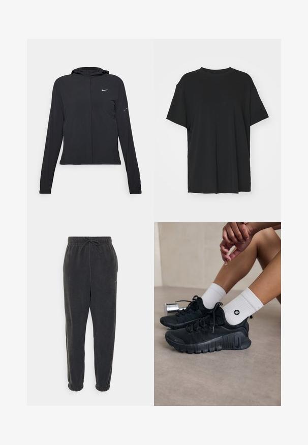 Casaco preto com capuz e mangas longas, feito de material leve. Apresenta um fecho dourado na frente, um logótipo da Nike e detalhes de design subtis.; T-shirt preto de manga curta feito de tecido suave, com decote redondo e corte solto. Apresenta aberturas laterais para maior conforto e respirabilidade.; Nike Performance ONE PANT POLAR - Calças de fato de treino - black/pale ivory; Sapatilhas atléticas pretas com tecido texturizado, design com atacadores e uma sola proeminente, emparelhadas com meias brancas com nervuras e um pequeno logótipo.