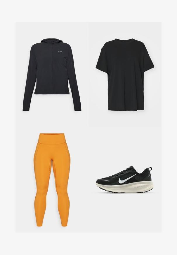 Czarna kurtka z kapturem, z długimi rękawami, wykonana z lekkiego materiału. Posiada zamek błyskawiczny z przodu, logo Nike oraz subtelne akcenty wzornicze.; Czarna krótko rękawowa koszulka wykonana z gładkiego materiału, z okrągłym dekoltem i luźnym krojem. Posiada boczne rozcięcia, które zapewniają dodatkowy komfort i przewiewność.; Pomarańczowe legginsy o wysokim stanie z gładkiej, elastycznej tkaniny, z detalami szwów wzdłuż boków dla dodatkowego efektu wizualnego.; Czarna biegowa półbut z oddychającej siateczki, białym logo swoosh, teksturowanymi detalami oraz kremową podeszwą środkową ZoomX.