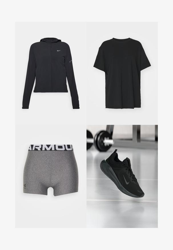 Črna kapuča s dolgimi rokavi, izdelana iz lahkega materiala. Ima sprednji zadrgo, logotip Nike in subtilne oblikovne detajle.; Črna kratka majica s kratkimi rokavi, izdelana iz gladkega materiala, s kroјnim ovratnikom in prostim krojem. Ima stranske razpoke za dodatno udobje in zračnost.; Sive športne kratke hlače s prilagojeno zasnovo, narejene iz teksturiranega materiala. Imajo širok črn pas z belim napisom "ARMOUR".; Črne športne teniske z logotipom Nike, prikazane v zraku na telovadni talni površini, v ozadju pa zamegljena vrsta uteži.