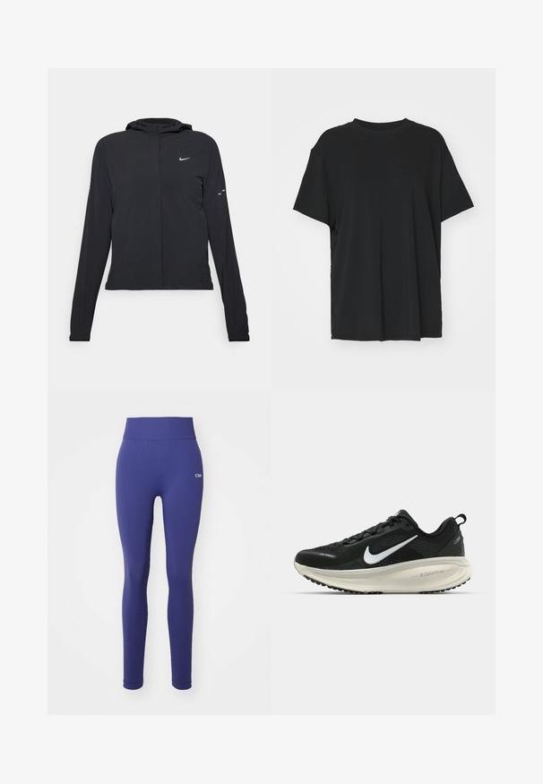 Veste à capuche noire avec des manches longues, fabriquée en matériau léger. Elle comporte une fermeture éclair à l'avant, un logo Nike et des accents de design subtils.; T-shirt noir à manches courtes en tissu lisse, avec un col ras du cou et une coupe décontractée. Présente des fentes sur les côtés pour plus de confort et de respirabilité.; Leggings bleu marine fabriqués en matériau extensible, avec une large ceinture, une texture lisse et un détail de logo subtil sur la hanche.; Baskets de course noir Nike avec tige respirante en mesh, logo swoosh blanc, détails texturés et semelle intermédiaire ZoomX de couleur crème.