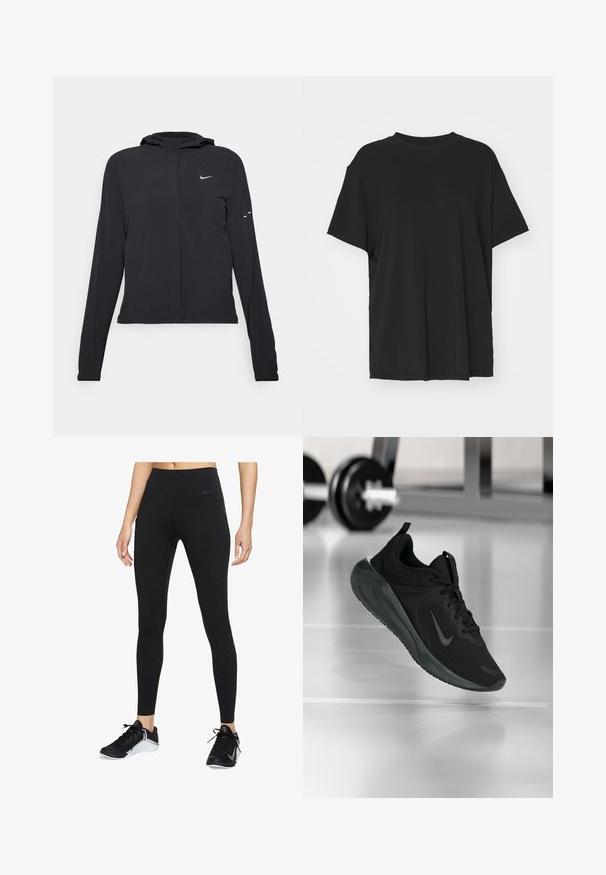 Fekete kapucnis dzseki hosszú ujjakkal, könnyű anyagból készült. Elülső cipzárral, Nike logóval és diszkrét dizájn elemekkel rendelkezik.; Fekete, rövid ujjú póló sima anyagból, kerek nyakkivágással és laza szabással. Oldalhasítékokkal a kényelem és a légáteresztés érdekében.; Fekete sport legginszek magas derékkal, rugalmas anyagból. Oldalsó zsebekkel rendelkezik, és diszkrét Nike logó található a derékrészen.; Fekete sportcipő Nike logóval, amely a levegőben látható az edzőterem padlóján, a háttérben elmosódott kézi súlyzó állvánnyal.
