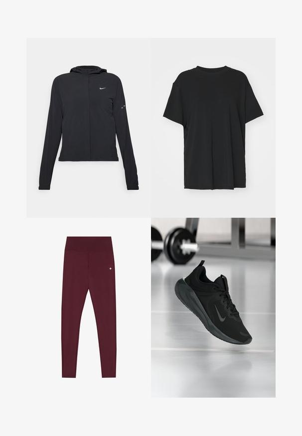Zwarte kaptrui met lange mouwen, gemaakt van lichtgewicht materiaal. Voorzien van een ritssluiting aan de voorkant, een Nike-logo en subtiele ontwerpelementen.; Zwarte korte mouwen t-shirt van soepel stof, met een ronde hals en een losse pasvorm. Heeft zij-splitten voor extra comfort en ademend vermogen.; Bordeaux leggings gemaakt van rekbaar materiaal met een brede tailleband, voorzien van een klein logo-detail aan de voorkant. Glad, aansluitend ontwerp.; Zwarte sportsneaker met Nike-logo, weergegeven in de lucht boven de gymvloer, met een vervaagde halterrek op de achtergrond.