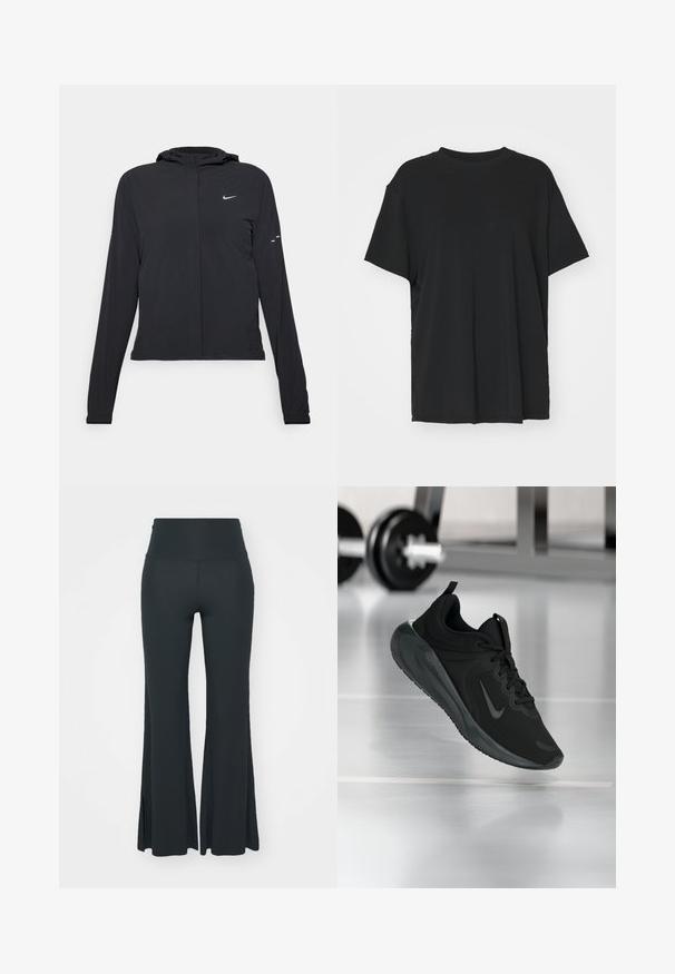 Juodas gobtuvas striukė su ilgomis rankovėmis, pagaminta iš lengvo audinio. Pasižymi priekiniais užtrauktukais, Nike logotipu ir subtiliais dizaino akcentais.; Juodas trumpas rankovėmis marškinėliai, pagaminti iš lygaus audinio, su apvaliu iškirpimu ir laisvu siluetu. Įrengti šoninių skeltukų patogumui ir oro pralaidumui.; Yogasearcher JAIPUR FLARE PANTS - Treningo apatinė dalis - forest; Juodas sportinis sportbačiai su Nike logotipu, pavaizduoti ore virš sporto salės grindų, fone išblurinta hantelių laikiklis.