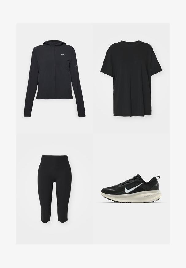 Schwarze Kapuzenjacke mit langen Ärmeln, aus leichtem Material gefertigt. Sie hat einen vorderen Reißverschluss, ein Nike-Logo und dezente Designelemente.; Schwarzes T-Shirt mit kurzen Ärmeln aus glattem Stoff, mit Rundhalsausschnitt und lockerer Passform. Verfügt über seitliche Schlitze für zusätzlichen Komfort und Atmungsaktivität.; Schwarze Capri-Leggings mit hohem Bund, aus glattem, dehnbarem Stoff. Einfaches Design ohne sichtbare Hardware oder Muster.; Schwarzer Nike-Laufschuh mit atmungsaktivem Mesh-Obermaterial, weißem Swoosh-Logo, strukturierten Details und einer cremefarbenen ZoomX-Zwischensohle.