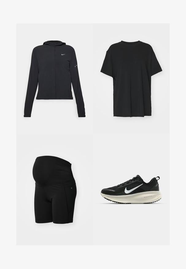 Casaco preto com capuz e mangas longas, feito de material leve. Apresenta um fecho dourado na frente, um logótipo da Nike e detalhes de design subtis.; T-shirt preto de manga curta feito de tecido suave, com decote redondo e corte solto. Apresenta aberturas laterais para maior conforto e respirabilidade.; Bermudas de maternidade pretas feitas de um tecido liso e elástico; apresentam uma cintura larga e franzida, além de um bolso lateral para conveniência.; Sapatilha de corrida Nike preta com parte superior de malha respirável, logotipo Swoosh branco, detalhes texturizados e uma entressola ZoomX na cor creme.