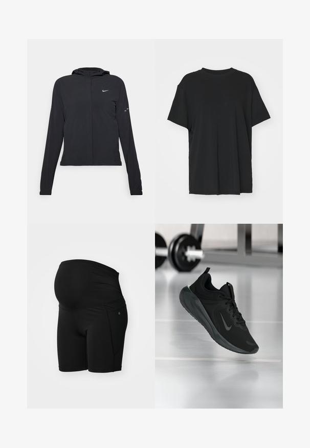 Crna jakna s kapuljačom i dugim rukavima, izrađena od laganog materijala. Ima prednji patentni zatvarač, Nike logo i suptilne dizajnerske detalje.; Crna majica kratkih rukava napravljena od glatkog materijala, s okruglim izrezom i slobodnim krojem. Ima bočne proreze za dodatnu udobnost i prozračnost.; Crne trudničke kratke hlače napravljene od glatkoga, rastezljivog materijala; imaju širok, nagomilan pojas i bočnu džep za praktičnost.; Crna sportska tenisica s Nike logotipom, prikazana u zraku na podu teretane, s mutnom stalcem za bučice u pozadini.