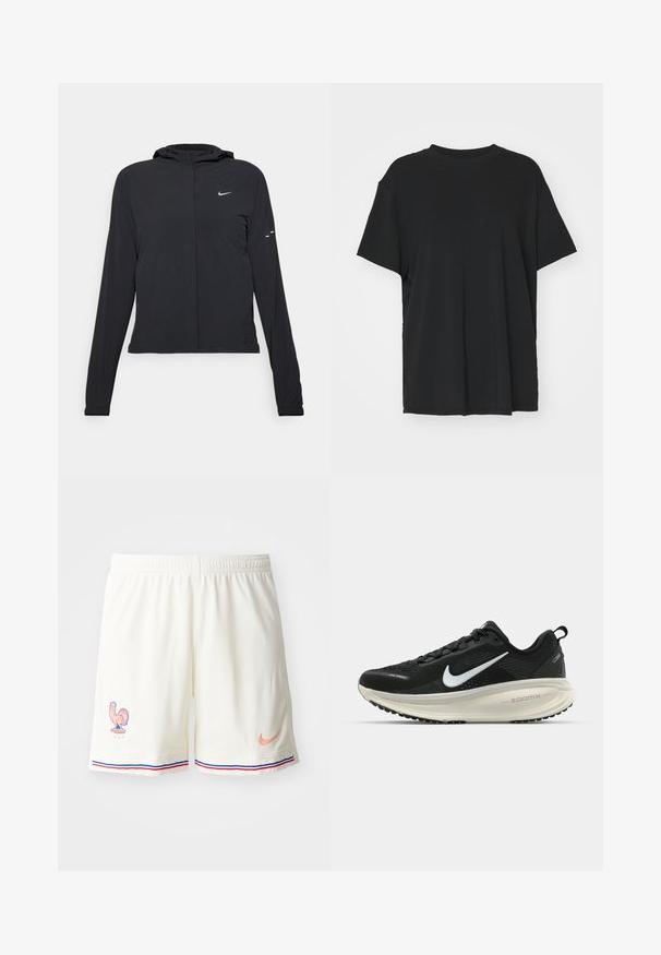 Melnā kapuci jaka ar garām piedurknēm, izgatavota no viegla materiāla. Tam ir priekšējais rāvējslēdzis, Nike logo un smalki dizaina akcenti.; Melna īsām piedurknēm T-krekli, izgatavots no gludas auduma, ar apaļu kakla izgriezumu un brīvu piegriezumu. Satur sānu šķēlumu, lai nodrošinātu papildu komfortu un gaisa caurlaidību.; Baltas sporta šorts ar teksturētu audumu, vistas emblēmu un kontrastējošām zilu un sarkanu svītru akcentiem apmalē. Nike logo persiku krāsā.; Melnas Nike skriešanas kurpes ar elpojošu acs augšdaļu, baltu Swoosh logotipu, strukturētu apdari un krēmkrāsas ZoomX starpsole.