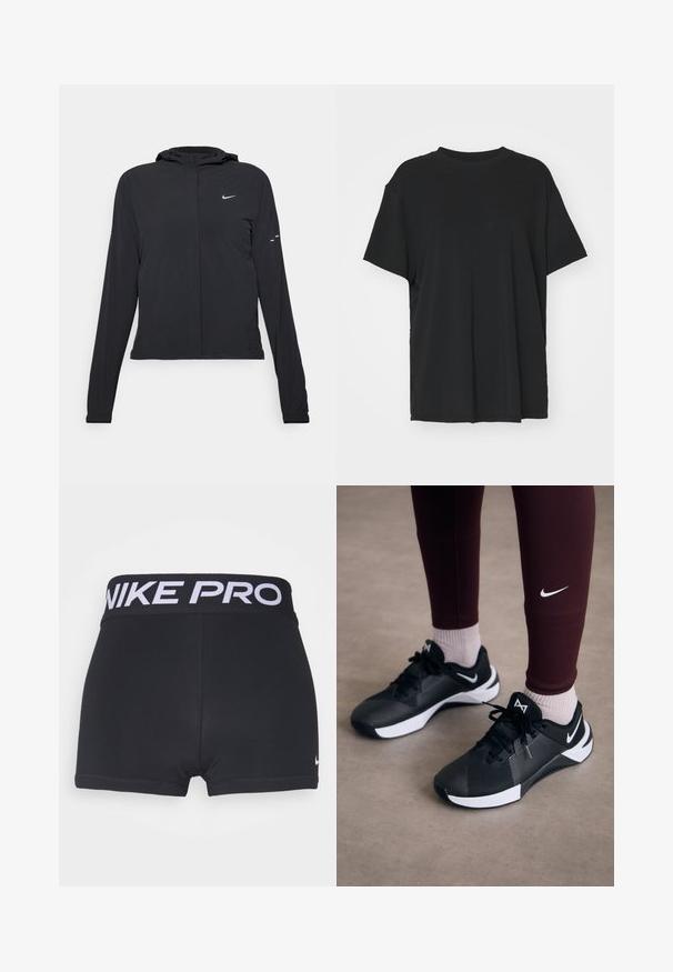 Juodas gobtuvas striukė su ilgomis rankovėmis, pagaminta iš lengvo audinio. Pasižymi priekiniais užtrauktukais, Nike logotipu ir subtiliais dizaino akcentais.; Juodas trumpas rankovėmis marškinėliai, pagaminti iš lygaus audinio, su apvaliu iškirpimu ir laisvu siluetu. Įrengti šoninių skeltukų patogumui ir oro pralaidumui.; Juodos sportinės šortai su plačia juoda juostele, ant kurios užrašyta "NIKE PRO" balta spalva. Matoma lygi, tampri medžiaga ir apdaila.; Juodos sportinės bateliai su tekstūruota viršutine dalimi ir baltais akcentais, su raišteliais ir šoniniu logotipu. Dėvimi su bordo spalvos leggingais ir šviesiomis kojinėmis.