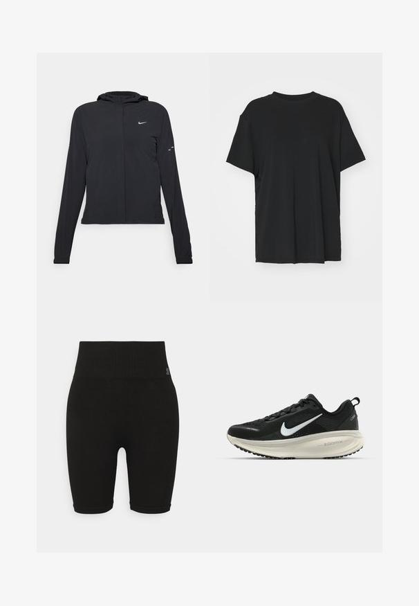 Černá kapucňová bunda s dlouhými rukávy, vyrobená z lehkého materiálu. Obsahuje přední zip, logo Nike a decentní designové akcenty.; Černé tričko s krátkým rukávem vyrobené z hladkého materiálu, s kulatým výstřihem a volným střihem. Obsahuje boční rozparky pro větší pohodlí a prodyšnost.; Černé žebrované pletené šortky s elastickým pasem, mají přiléhavý střih a jemnou texturu. Žádná viditelná loga nebo vzory.; Černá běžecká obuv Nike s prodyšným síťovaným svrškem, bílým logem swoosh, texturovanými detaily a krémovou mezipodešví ZoomX.
