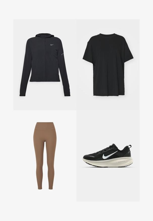 Svart hettegenser med lange ermer, laget av lett materiale. Har glidelås foran, Nike-logo og subtile design detaljer.; Svart t-skjorte med korte ermer laget av glatt stoff, med rund hals og løs passform. Har sideslisser for ekstra komfort og pusteevne.; Brune, ribbede tights med høy midje. Stoffet ser elastisk og glatt ut, med minimal søm og ingen synlige mønstre.; Svart Nike løpesko med pustende mesh-overdel, hvit swoosh-logo, teksturert detaljer og en kremfarget ZoomX mellomsåle.