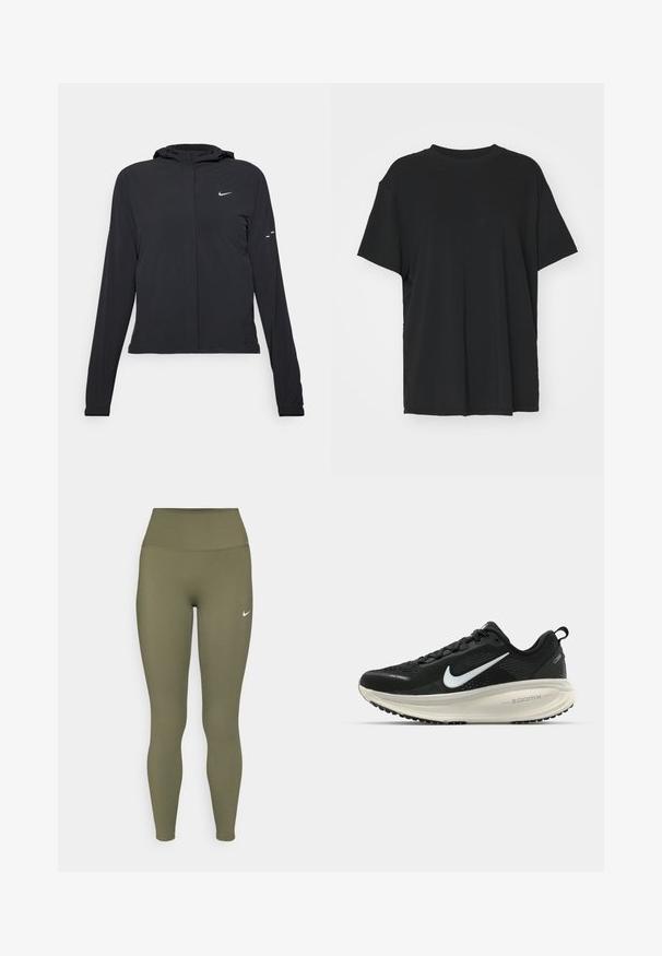 Čierna kapucňová bunda s dlhou rukávou, vyrobená z ľahkého materiálu. Má predný zips, logo Nike a jemné dizajnové akcenty.; Čierne tričko s krátkym rukávom vyrobené z hladkej tkaniny, s okrúhlym výstrihom a voľným strihom. Obsahuje bočné rozparky pre väčšie pohodlie a priedušnosť.; Olivové legíny s vysokým pásom, vyrobené z hladkého a pružného materiálu, s malým bielym logom pri páse.; Čierne bežecké topánky Nike s priedušnou sieťovinou, bielym logom s symbolom swoosh, textúrovanými detailmi a krémovou ZoomX medzipodrážkou.